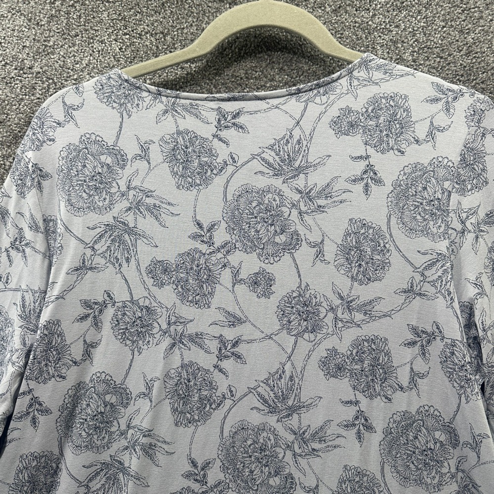 J Jill Wearever Blouse Top Women Medium Gray Floral 3/4 Sleeve Casual Office - Picture 9 of 12